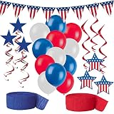 American Flag Party Decorations, Red White and Blue Patriotic Supplies - Pennant Flag Banner, 12 Balloons, 6 Stars and Stripes Hanging Swirls in two styles, Red Crepe Streamer, Blue Crepe Streamer