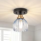 TALOYA Semi Flush Mount Ceiling Light Fixtures with Blue Tulip Glass Shade | Black and Glod Modern semi flush mount Ceiling Light Fixture for Hallway Corridor Kitchen Closet Bedroom Passway Laundry Room