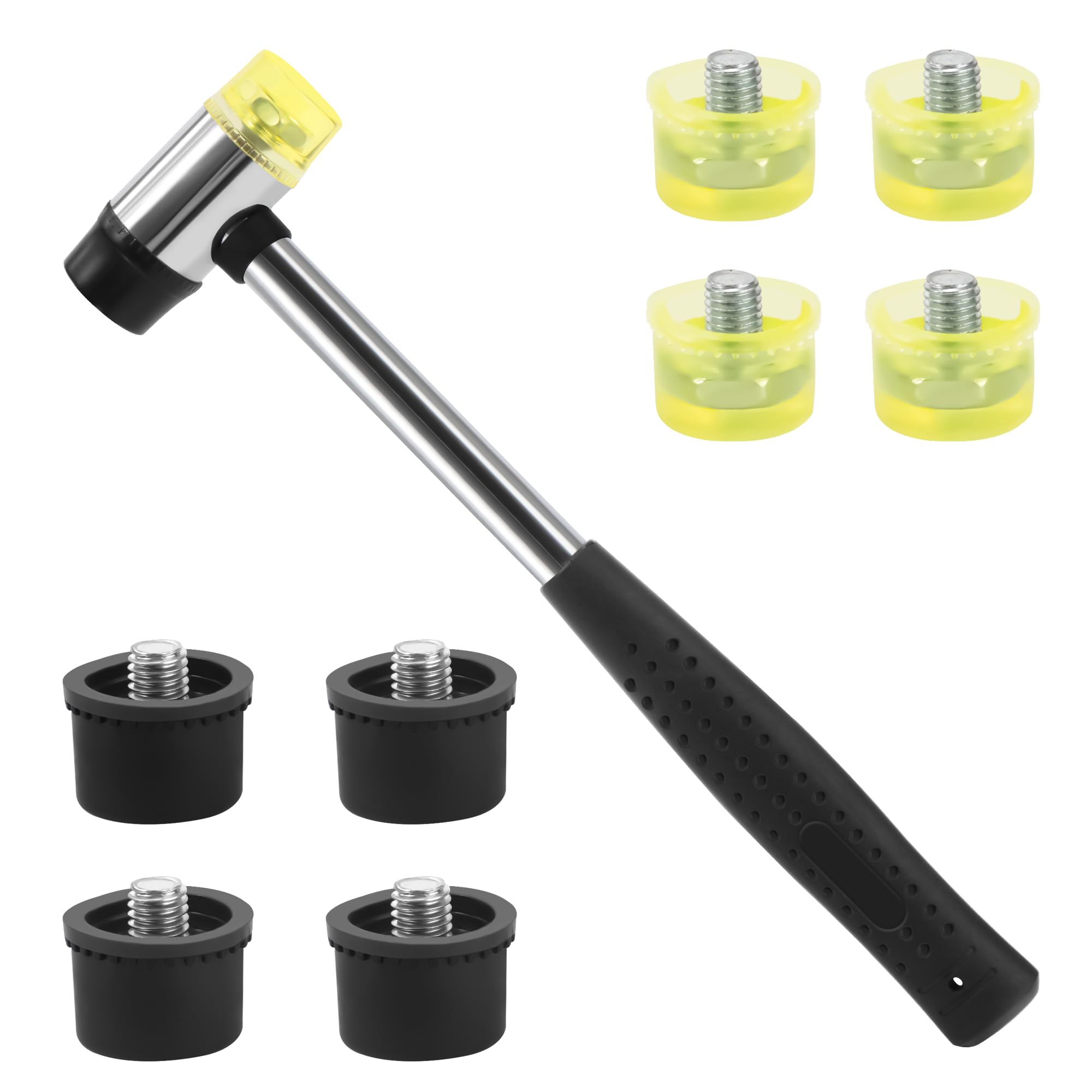 Double-Sided Rubber Mallet with 8 Replaceable Rubber Head Shockproof Rubber Hammer 25mm for Jewelry Leather Crafts Black Yellow