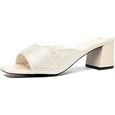 NEWBELLA Women's Crystal Embellished Sandals - Square Toe Slip-on with Chunky Mid Heel, Comfortable Heeled Mule Slides for Daily Wear & Office