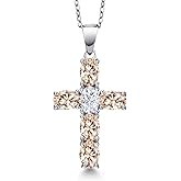 Gem Stone King 925 Sterling Silver Peach Morganite and White Moissanite Cross Pendant Necklace for Women | 3.00 Cttw | Gemstone October Birthstone | Oval 6X4MM | With 18 Inch Chain