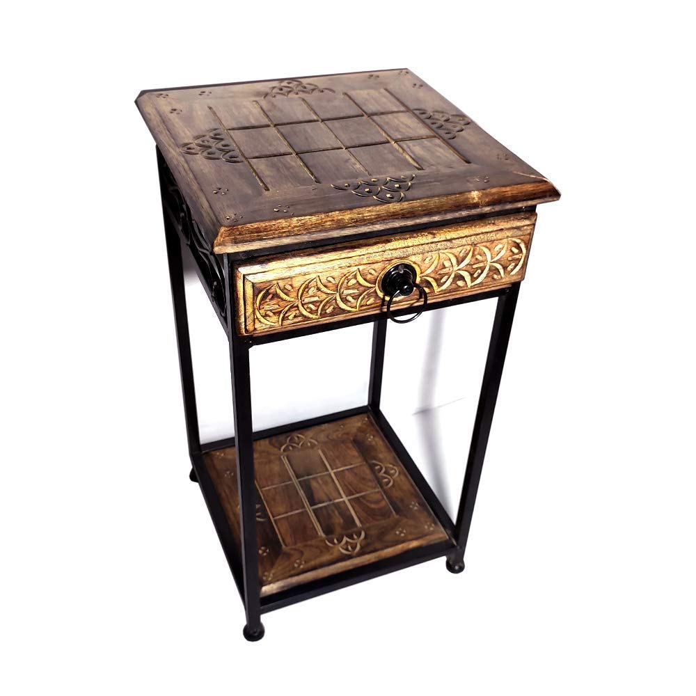 Wai Wooden Bedside Table Wrought Iron Frame Sofa Side Table with one