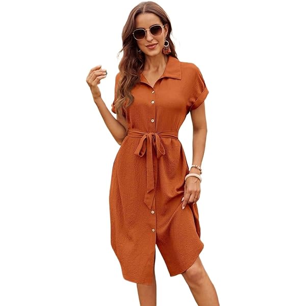 LXXWMxBH Women 2024 Summer Short Sleeve Dress Solid Button