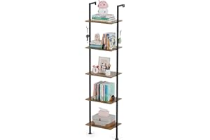 Aduanbang 5-Tier Ladder Shelf, Wall Mounted Bookshelf, Metal Frame Wood Storage Rack, Black (Rustic Brown)
