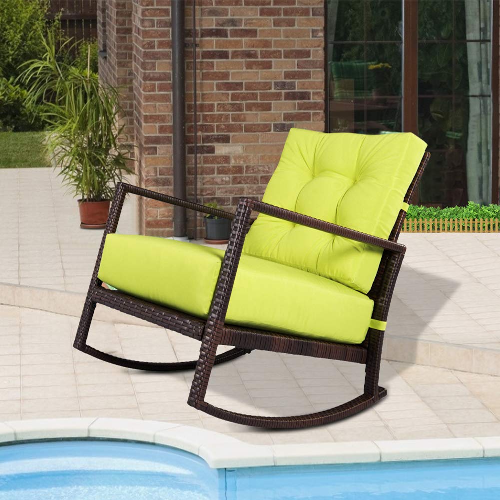 Crownland Outdoor Patio Rocking Chair Wicker Chair with Thick Cushion Rocking Bistro for Backyard Ba