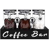 Liengoron 3 x 54 oz Glass Coffee Bean Storage Container with Shelf 3PCS Glass Containers with Airtight Locking Clamp Lid Spoons Coffee Canister Set Jars for Kitchen Food Storage Tea Sugar Black