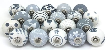 JG Arts Door Knobs Ceramic Set of 12 Door Knobs Grey & White Hand Painted Ceramic Knob Cabinet Drawer Pull