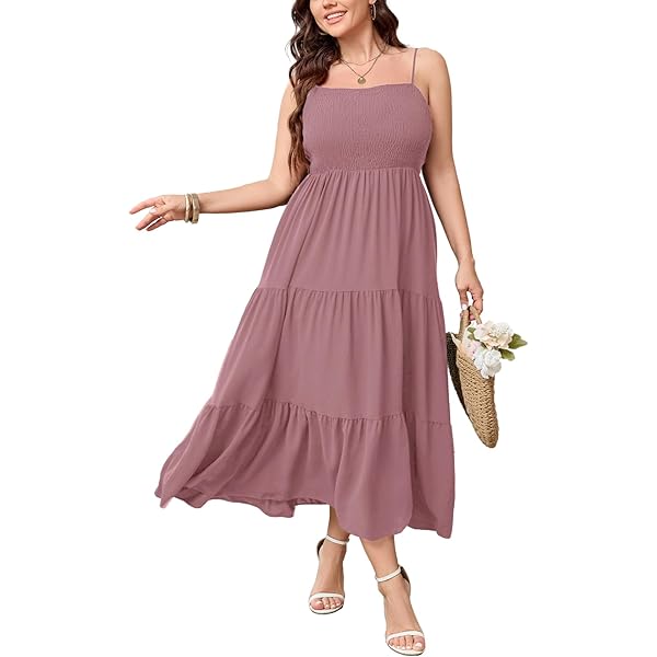 High Low Dress With Sleeves SCOMCHIC Women's Plus Size Summer Maxi Dress  Sleeveless Spaghetti Strap Smocked