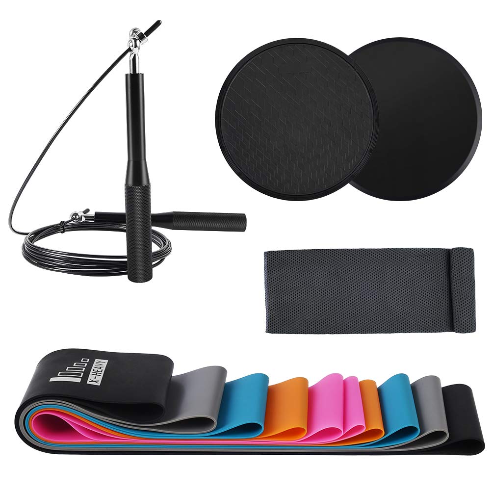 RUNACC Resistance Exercise Bands Set - 5 Resistance Loop Bands with Different Resistance Levels 1 Speed Jump Rope 2 Core Sliders, Perfect Workout Bands for Home Fitness, Stretching, Strength Training