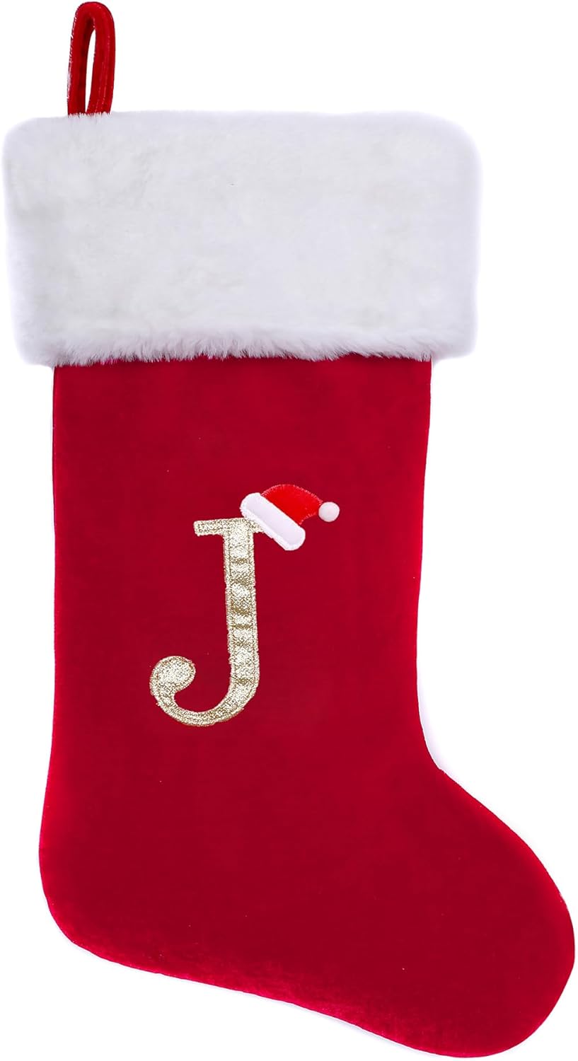 Stockings & Holders - CHOTONIC 20 Inches Red Velvet with White Super Soft Plush Cuff Monogram Initial Christmas Stockings Embroidered with Gold Letter Stockings Xmas Tree Decorating Supplies Festival Creative Decorative