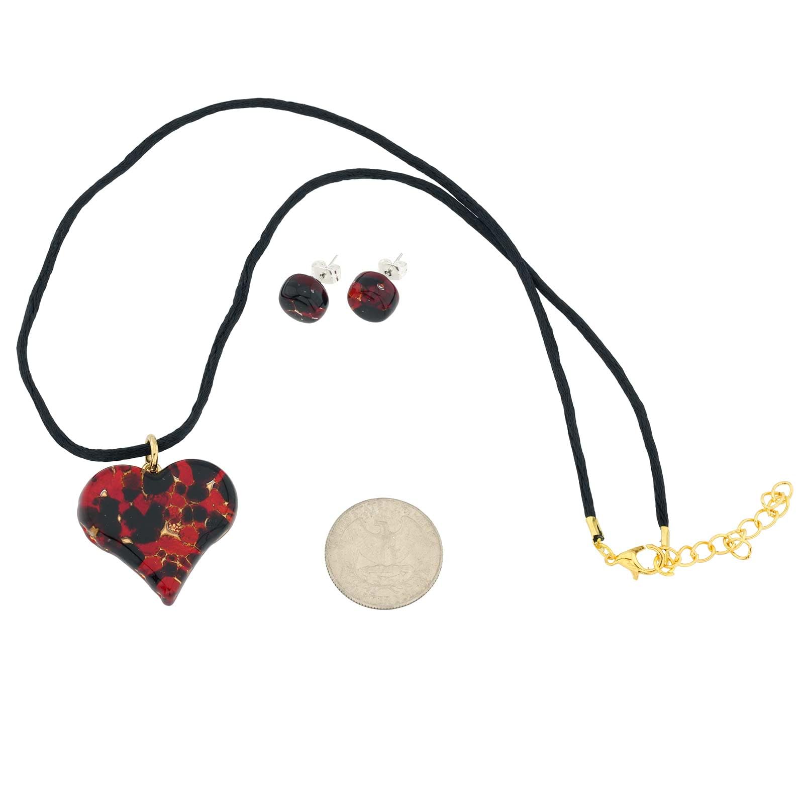 Glass Of Venice Murano Glass Venetian Reflections Heart Necklace and Earrings Set - Black Red