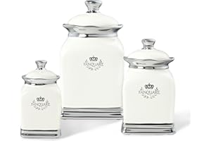 fanquare White Countertop Canisters Set of 3 in 3 Sizes, Farmhouse Porcelain Cookie Jars and Little Sugar Bowls Set, Ceramic 