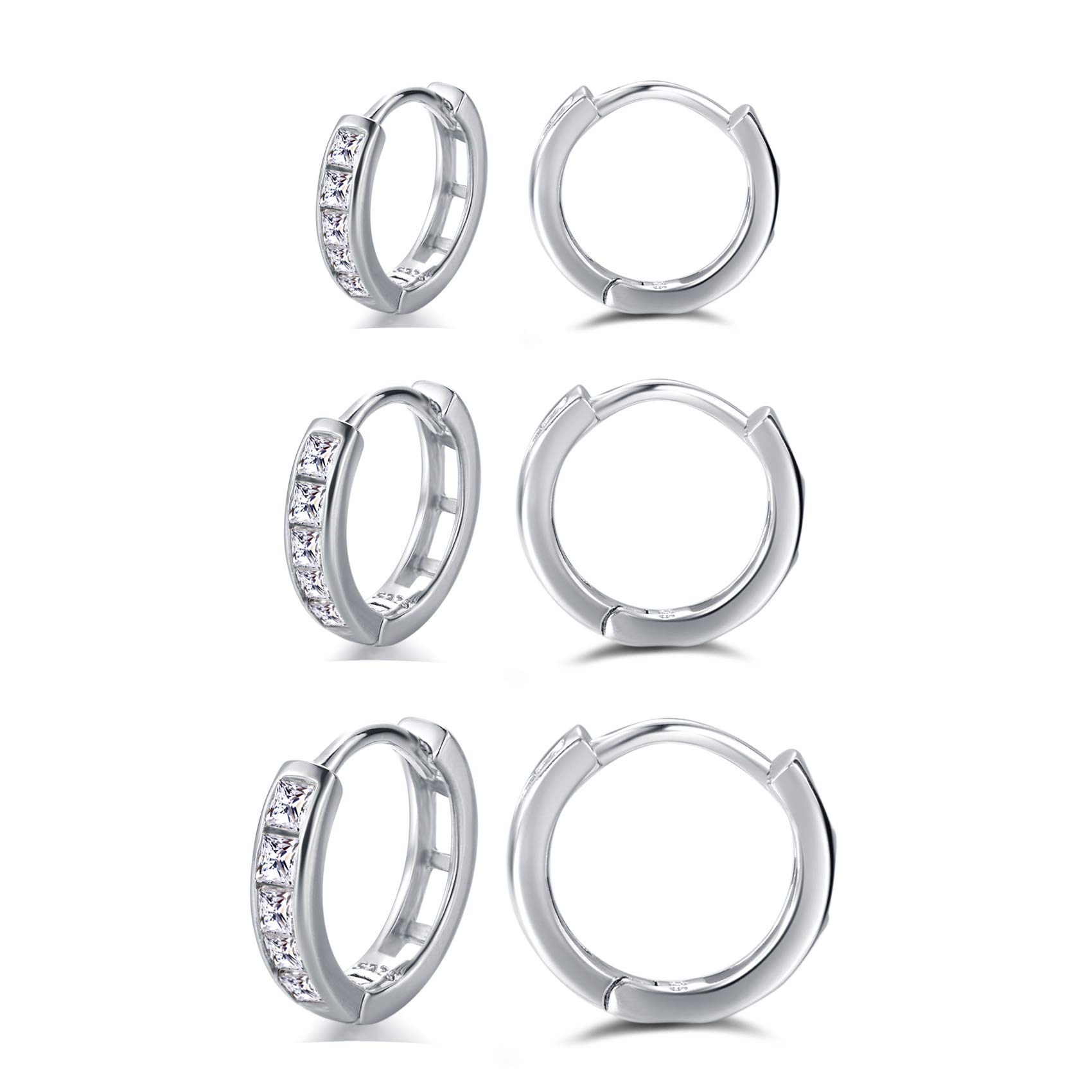 Silver Hoop Earrings for Women, 3 Pairs Small Sterling Silver Post Huggie Earrings | Cubic Zirconia Cartilage Cuff Earrings Hoop Piercing Jewellery for Girls Men Teens (8mm/10mm/12mm)