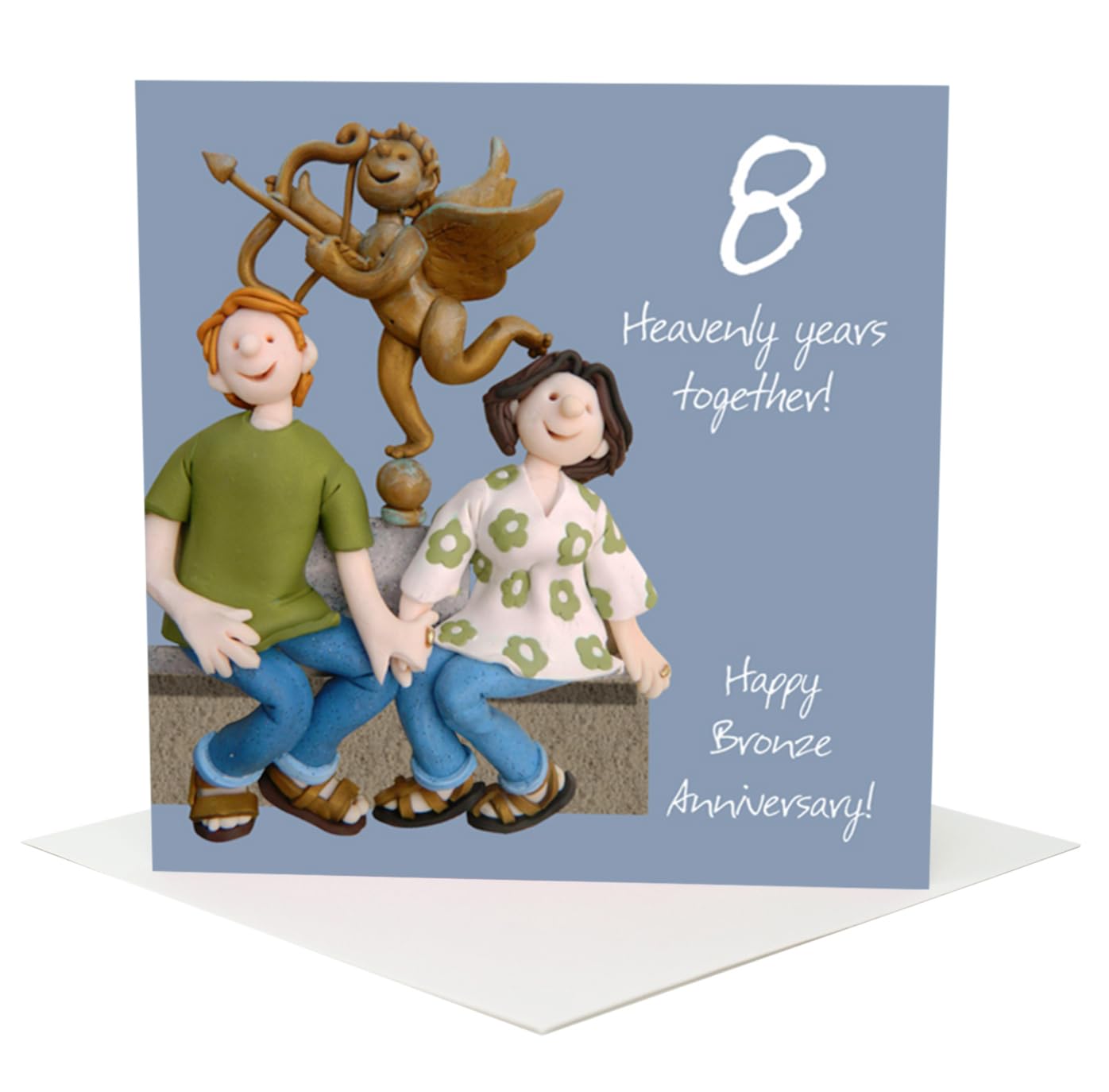 Holy Mackerel eight heavenly years bronze 8th wedding anniversary card for a couple - designed by artist Erica Sturla - 15cm square and blank inside for your message - made in the UK