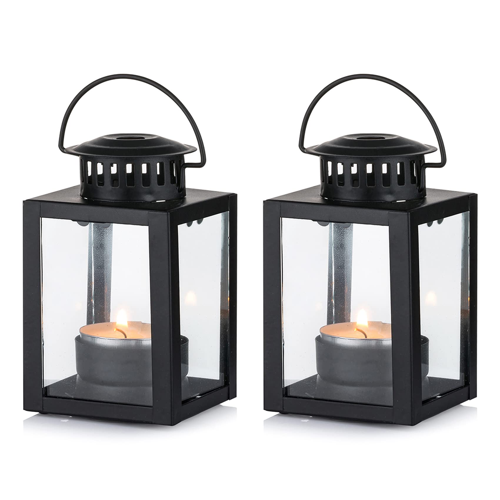 Nuptio Lanterns for Candles Garden Lanterns, 2 Pcs Vintage Style Hanging Small Lanterns for Tealight Candle, Black Candle Tea Light Holders for Indoor Outdoor Events Birthday Party Wedding