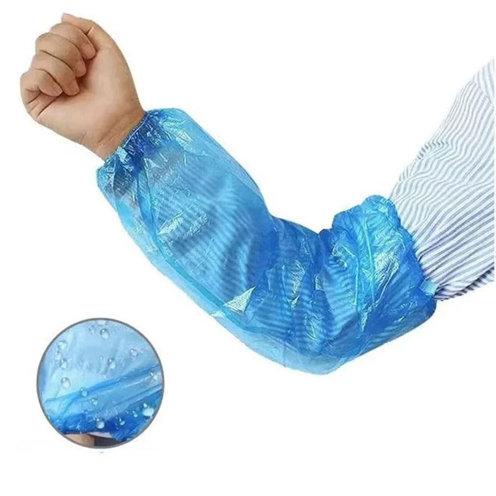 QIRUIRED 300 Pcs Disposable Over Sleeves to Cover Arms Blue Waterproof Arm Protection Sleeves with Elastic Ends Forearm Protector Oversleeves for Cleaning Painting
