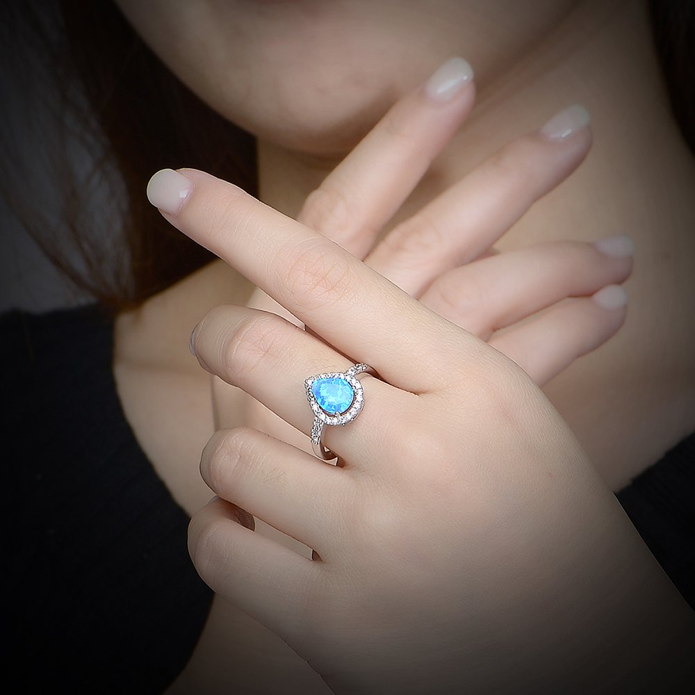 Dnswez Teardrop CZ Cubic Zirconia Blue Fire Opal Ring Silver Statement Band Ring(8)