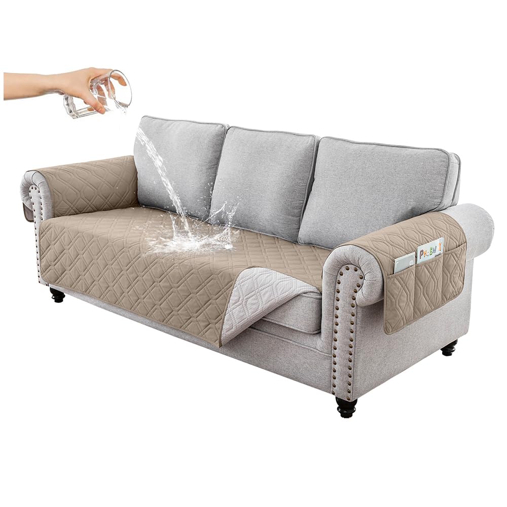 Hggzeg Sofa Cover 3 Seater, Waterproof and Non-Slip Sofa Protectors Slipcover with Side Pocket, Washable Sofa Protector for Kids/Pets(Khaki)