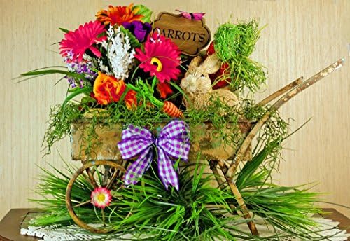 Handmade Wheelbarrow Cart Centerpiece - Decorated Wheelbarrow - Flower Garden Cart With Rabbit - Wheelbarrow Flower Arrangement - Bunny Wheelbarrow