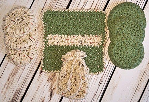 Unisex Green and Tan Speckled Invigorating yet Gentle Face and Body Poufs. Hand crocheted spa or bath set.Great teacher appreciation gift.