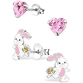 ICYROSE 925 Sterling Silver Set of 2 Pairs Small Easter Bunny & Pink CZ Crystal Heart Stud Earrings(Nickel Free)