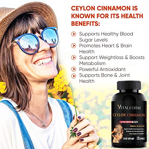 VitalForm Cinnamon Capsules - Organic Ceylon Cinnamon - 120 Ceylon Capsules - Supports Healthy Glucose Balance- Blood Sugar Support - Cinnamon Supplements - 1200 mg