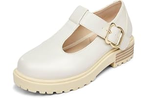 Coutgo Girls T-Strap Mary Jane Shoes Chunky Low Heel Platform Velcro Closed Toe School Uniform Dress Shoes