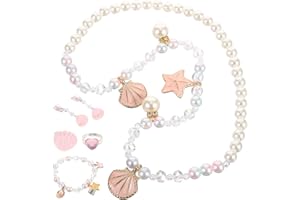 DEARMAMY Seashell Necklace Set Bracelet Heart Ring and Clip-on Earrings Little Girl's Jewelry Collection