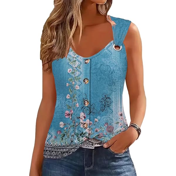Womens Paisley Floral Snap Button Tank Top Summer Casual Trendy V