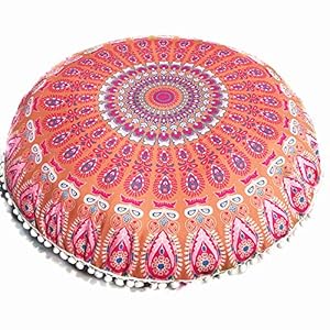 JJ. Accessory geometric cushion,1PC Large Mandala Floor Pillows Round Bohemian Meditation Cushion Cover Ottoman Pouf