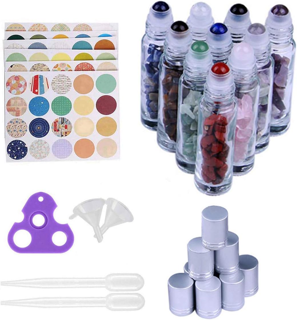 Iceyon 10pcs 10ml Gemstone Roller Bottles for Essential Oil Natural Healing Gemstone Chips Inside,Glass Roller Ball Bottles Transparent with Decorative Tops,Dropper,Opener,Funnels,160pcs Marking Label