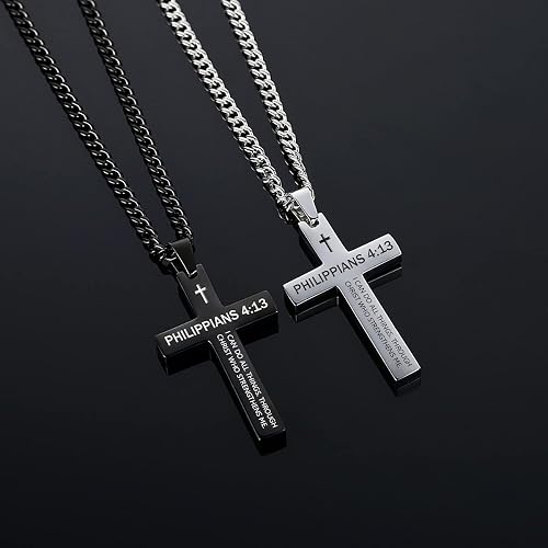 MallDou Stainless Steel Cross Necklace With Bible Verse - Proverbs 4:23 Pendant, 24" Snake Chain, For Men & Women