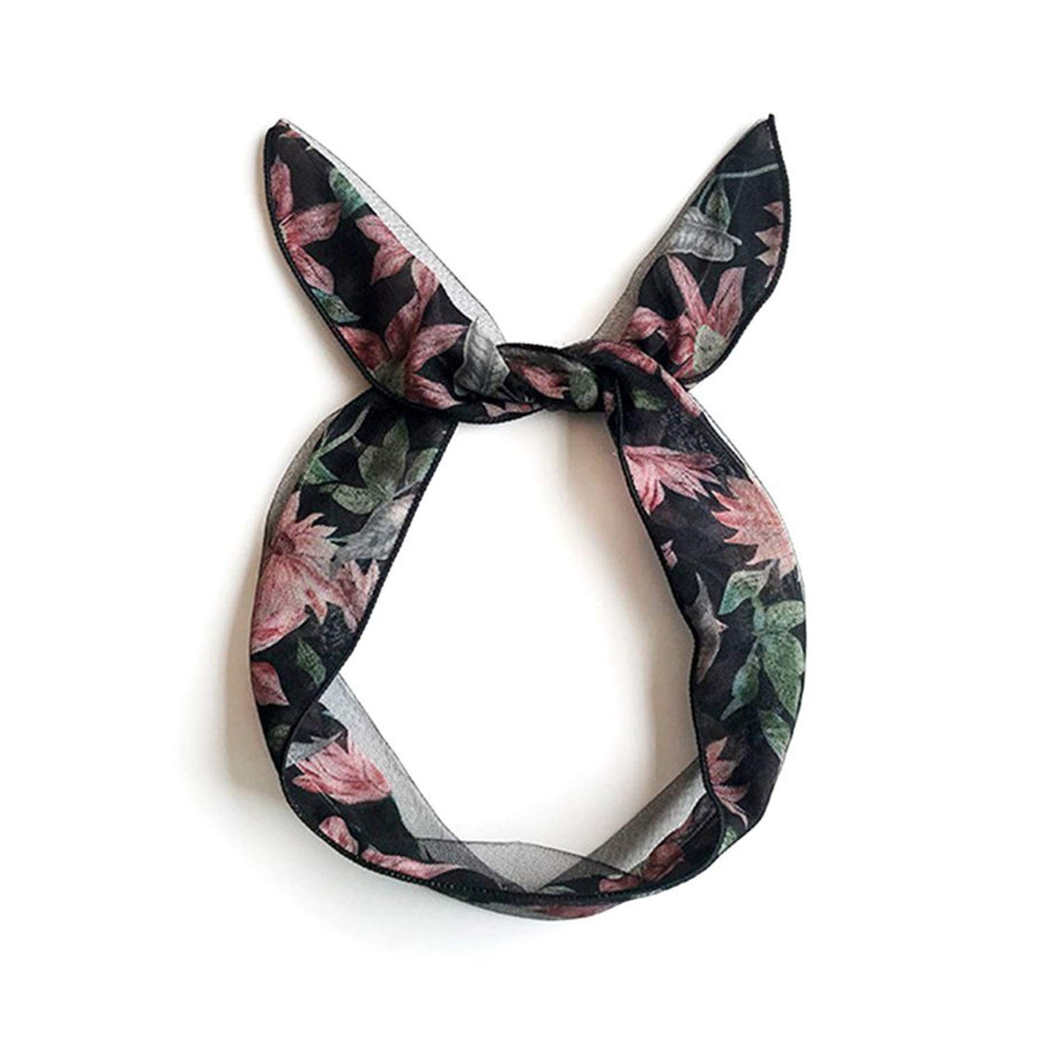 Women Girls Long Rabbit Ears Iron Wired Headband Bohemian Colored Floral Print Bow Headband Elastic Twist Adjustable Casual Pa,NO.BK