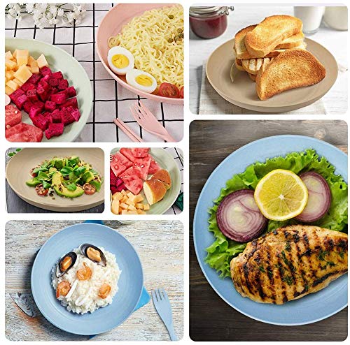 Saike 7.8\'\' 4Pack Wheat Straw Plates Reusable, Microwave and Dishwasher Safe Unbreakable Dinner Plates, Lightweight Snack Plates with Forks and Spoons