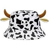 XIUYEQIU Cow Bucket Hat with Cute Horn Ears Cow Print Summer Hat Fisherman's Hat Print Sun Cap for Women with Uv Protection (Cow Black)