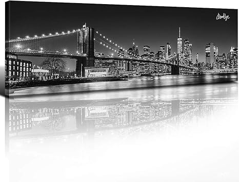 Amazon Sunfrower ブルックリン橋装飾 スカイライン ナイト パノラマ キャンバス ウォールアート 白黒 ビルディング 夜景 プリント 絵画 都会の風景画 モダン ホームフレーム装飾 アートワーク 12インチ X 36インチ X1 ウォールステッカー オンライン通販