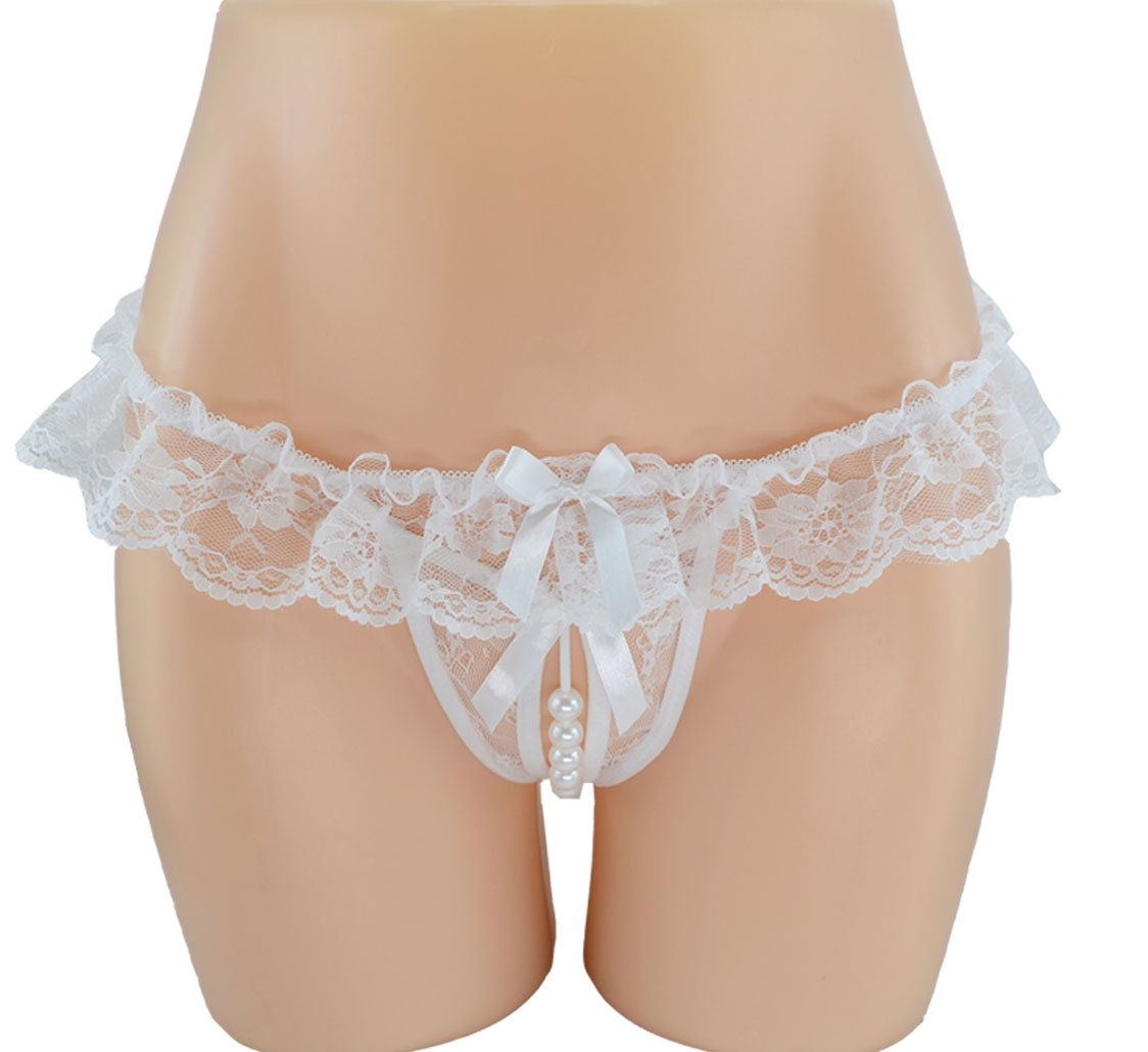 SYAYA Women’s Sexy Lace Lingerie G-String Pearls Ribbon Open Crotch T-String A2 (White)