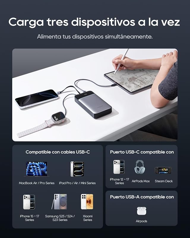 Power Bank 100W 25000mAh, carregador portátil com cabo USB-C integrado e carregamento rápido, bateria externa para MacBook Pro/Air, iPhone 17/16/15, Samsung, Pixel – aprovado para avião