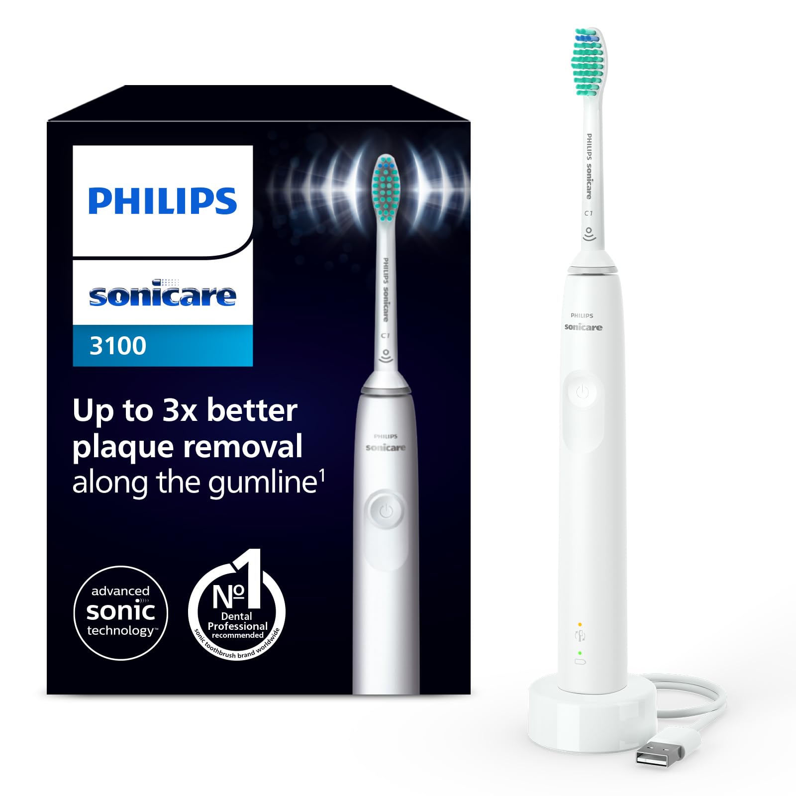 Philips Sonicare 3100 Electric Toothbrush, Sonic Toothbrush, Pressure Sensor and Timer, White, HX3671/13