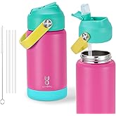 Kids Insulated Water Bottle with Straw Lid & Silicone Handle,12oz Kids Leak Proof Water Bottle for School Boys Girls,Double Wall Vacuum Stainless Steel with Non-slip Silicone Base(Rose Pink)