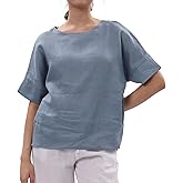 Amazhiyu Womens 100% Linen Tops Crewneck Short Sleeve Blouses Casual Summer