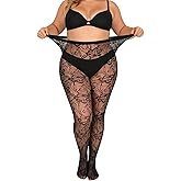 Lusofie 2pcs Plus Size Lace Tights Floral Pattern - High Waist Black Plus Size Stockings for Women - Comfortably Up to 230 lbs Elasticity Velvet Fishnet Pantyhose