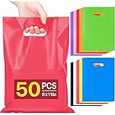 ANZNKU 50 PCS Multicolor Party Favor Bags 8"x11", Goodie Bag for Candy Book Jewelry Craft, Plastic Gift Bags with Die Cut Handles for Birthday, Valentine, Wedding, School Events & Small Business