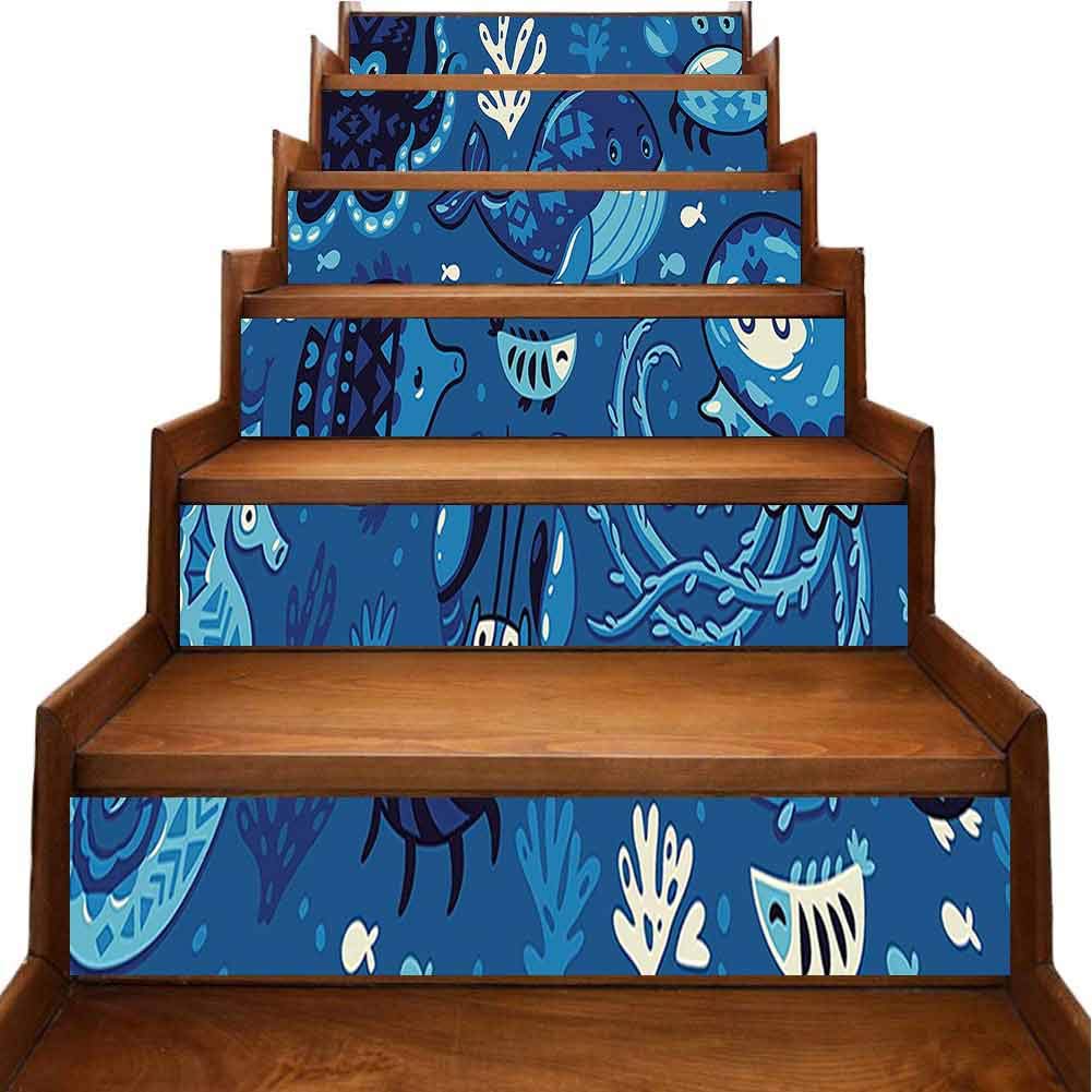 Stairway Stickers Sealife Cute Animals Little Whale Fish Octopus and Moss Print Blue Self-Adhesive Kitchen Stickers for Walls Kitchen Bathroom Home Decoration, W39.3 x H7 inch