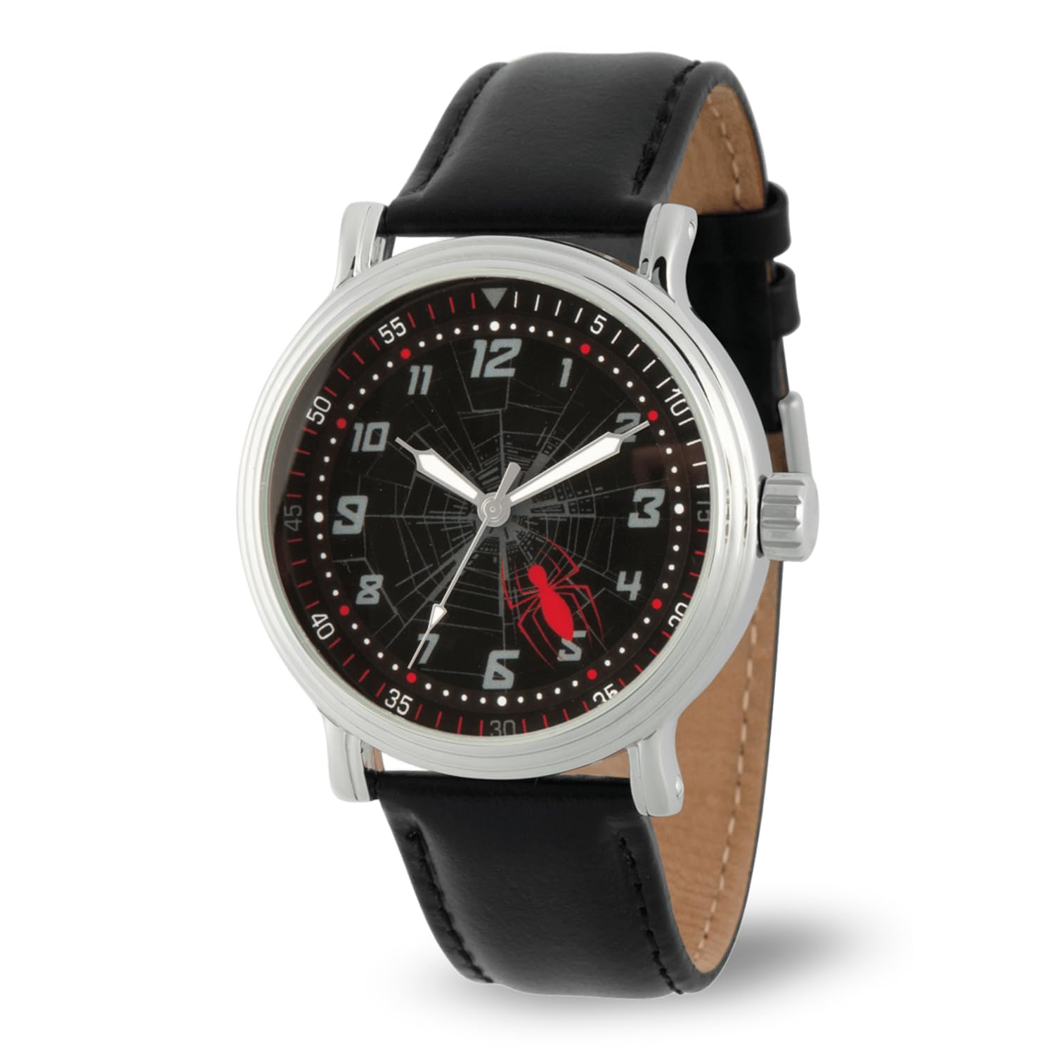 Photo 1 of Marvel Spider-Man Watch for Men – Vintage Series with Web Dial and Red Hero Accent – Timeless Gift for Comic Fans, Dads, or Collectors – Silver Case, Textured Bezel, and Black Leather Strap