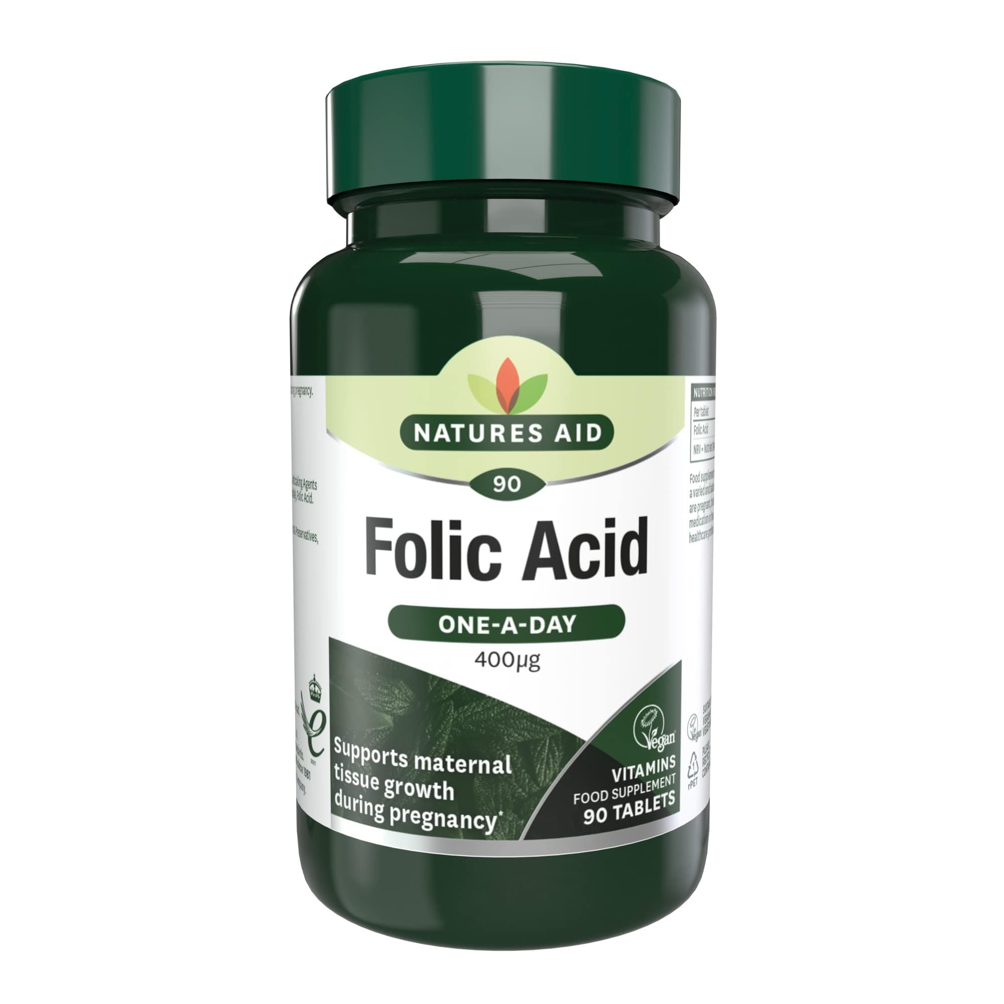 Natures Aid Folic Acid 400mcg – Supports Prenatal Health, Red Blood Cell Formation, DNA Synthesis – Vegan, Non-GMO, Gluten-Free – High Potency Natural Supplement – 90 Tablets