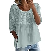 EVALESS Womens Blouses Casual Crewneck Half Sleeve Spring Summer Babydoll Tops Cute Floral Embroidered Boho Shirts Loose Fit T Shirts Flowy Chiffon Blouse Iceland Blue Small