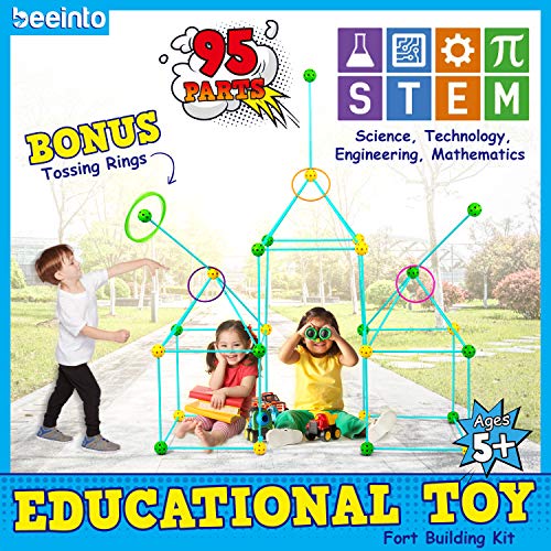 beeinto Kids Fort Construction Building Kit - 58 Poles, 32 Balls, 5 Toss Rings, Nylon Bag, Instructions - Outdoor STEM Toys for Boys, Indoor Play Tents Builder, Parent-Child Quality Time - Ages 5+
