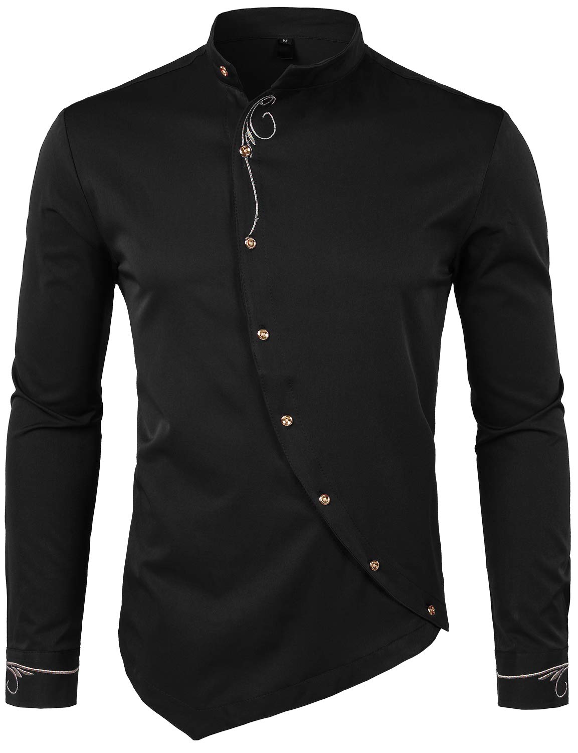 Photo 1 of ZEROYAA Mens Hipster Irregular Hem Slim Fit Long Sleeve Mandarin Collar Dress Shirts with Embroidery ZHCL51-Black Large
