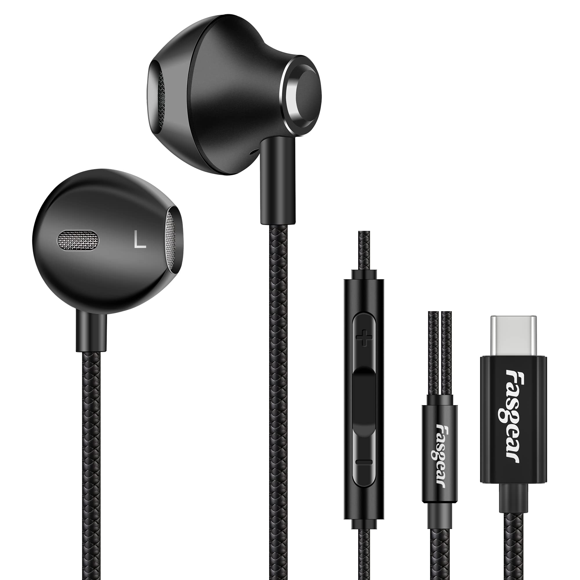 Fasgear USB C Headphones in Ear Wired Earphones with Mic,Deep Bass HiFi DAC Headset Compatible for Galaxy S21 Ultra/S20 /Note 10,Google Pixel,i-Pad Pro 2020,Type-C Earbuds (Black)